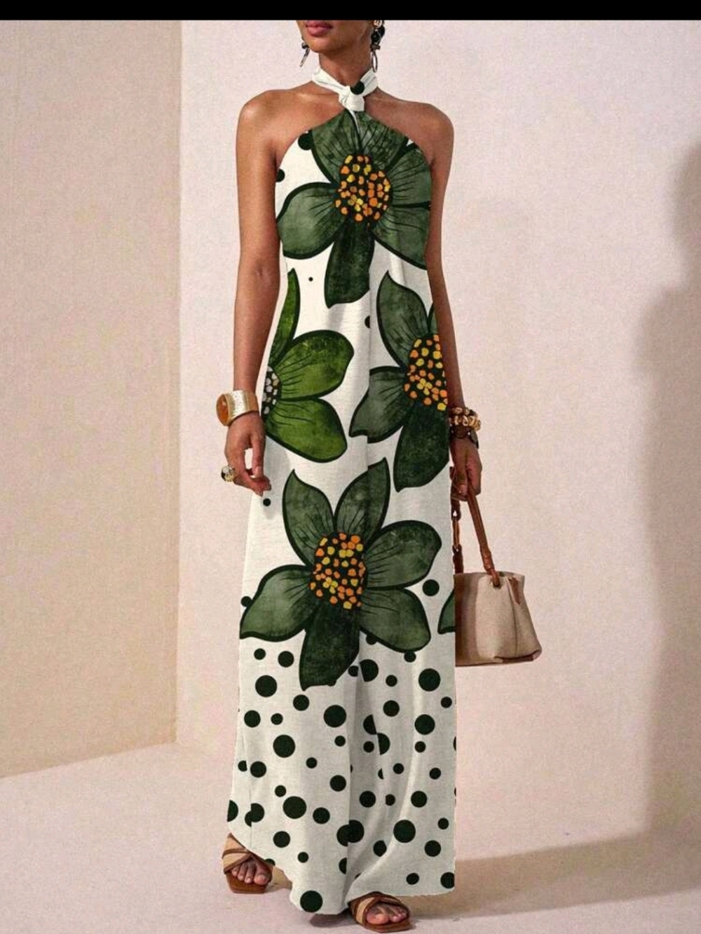 White Strapless Maxi Dress with Green Floral Print